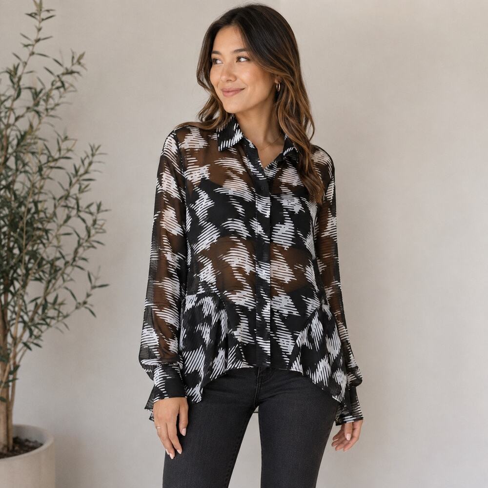 INC International Concepts Glitterati Sheer Abstract Houndstooth Blouse PS NWT